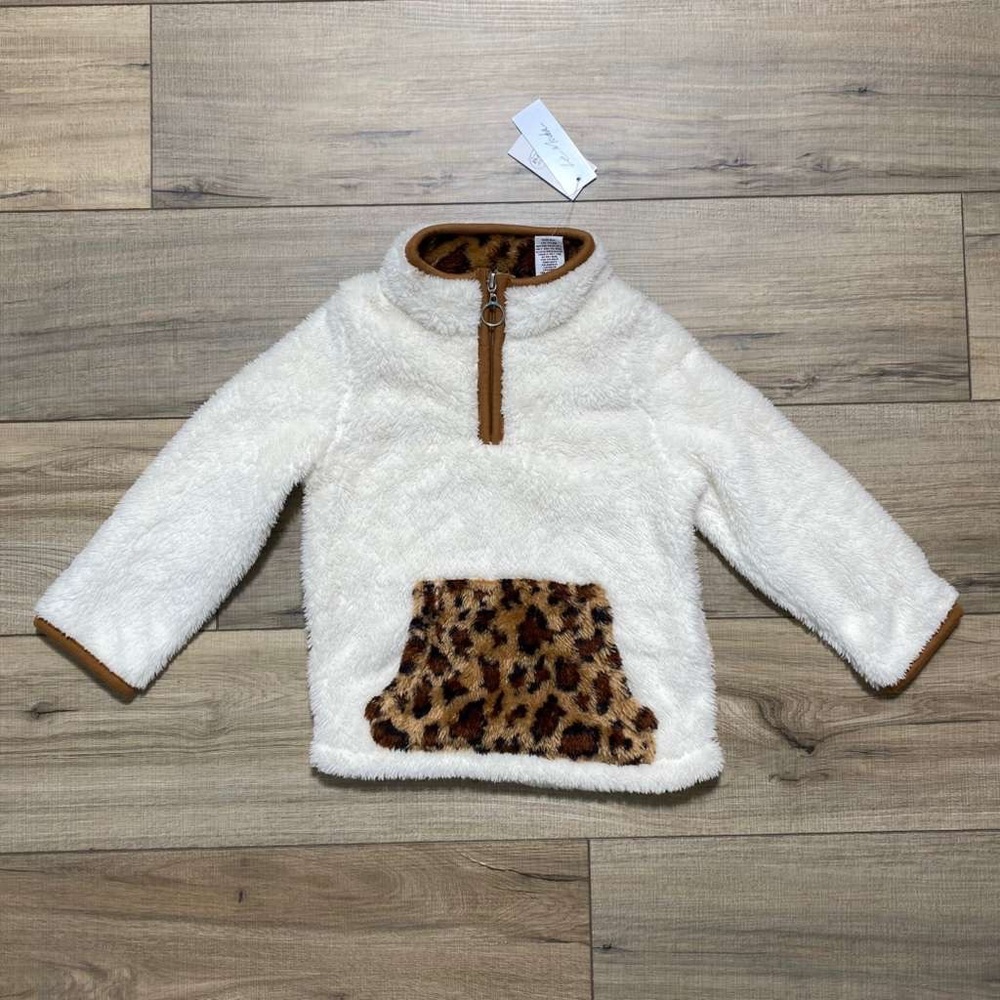 Le Moda Cracker Barrel Girl‎ Leopard Colorblock Sherpa 1/4 Zip Pullover 4T Cream